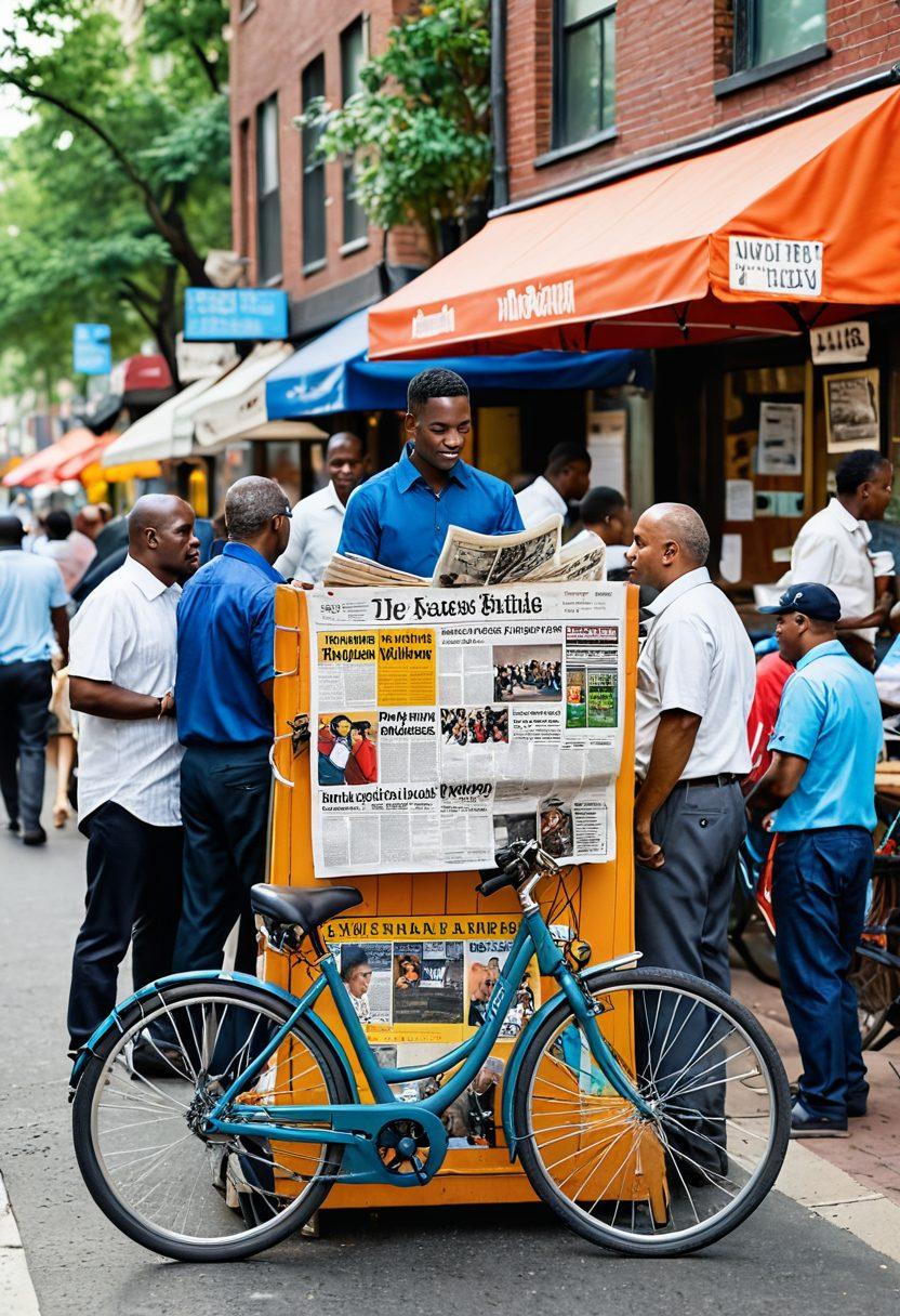 An urban newspaper stand bustling with life, showcasing colorful headlines and engaging human interest stories from a vibrant city. Enrich the scene with diverse individuals reading, discussing, and interacting, capturing the essence of community connections. Add a hint of hustle with bicycles and street vendors in the background. use warm tones to evoke a sense of familiarity and relevance. realistic illustration. vibrant colors.