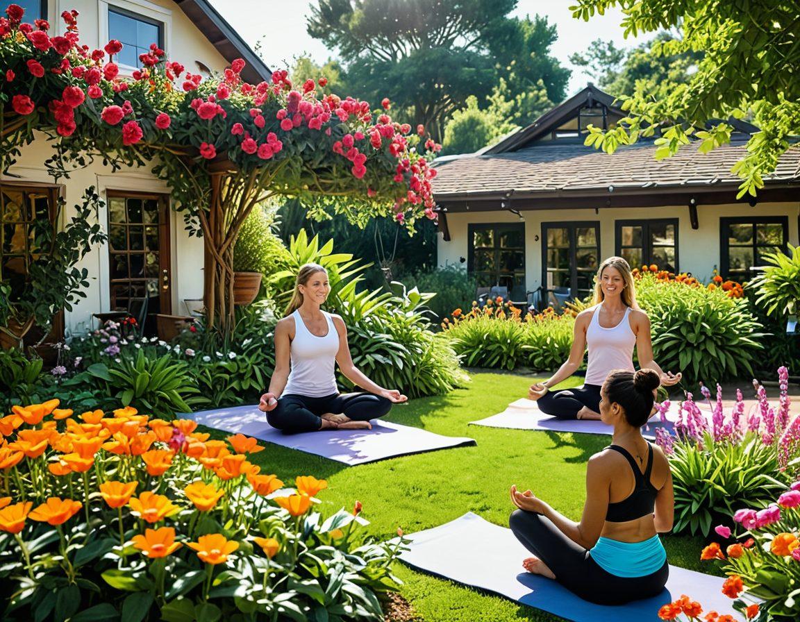 A serene and vibrant community scene showcasing diverse individuals engaging in wellness activities, such as yoga and gardening, surrounded by blooming flowers and greenery. Incorporate a sun-drenched café in the background bustling with people sharing tips and laughter, symbolizing connection and beauty in everyday life. Use warm colors and captivating details to evoke a sense of harmony and positivity. super-realistic. vibrant colors. airy background.