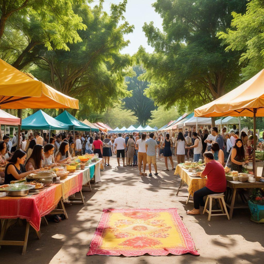 A vibrant community scene showcasing diverse local life, featuring people engaging in various activities like cooking, gardening, and socializing in a sunlit park. Include elements of colorful food stalls and artisanal crafts, surrounded by blooming flowers and greenery, to evoke a sense of warmth and connection. Emphasize a sense of community and lifestyle tips through visual storytelling. Bright and cheerful colors. super-realistic. natural setting.